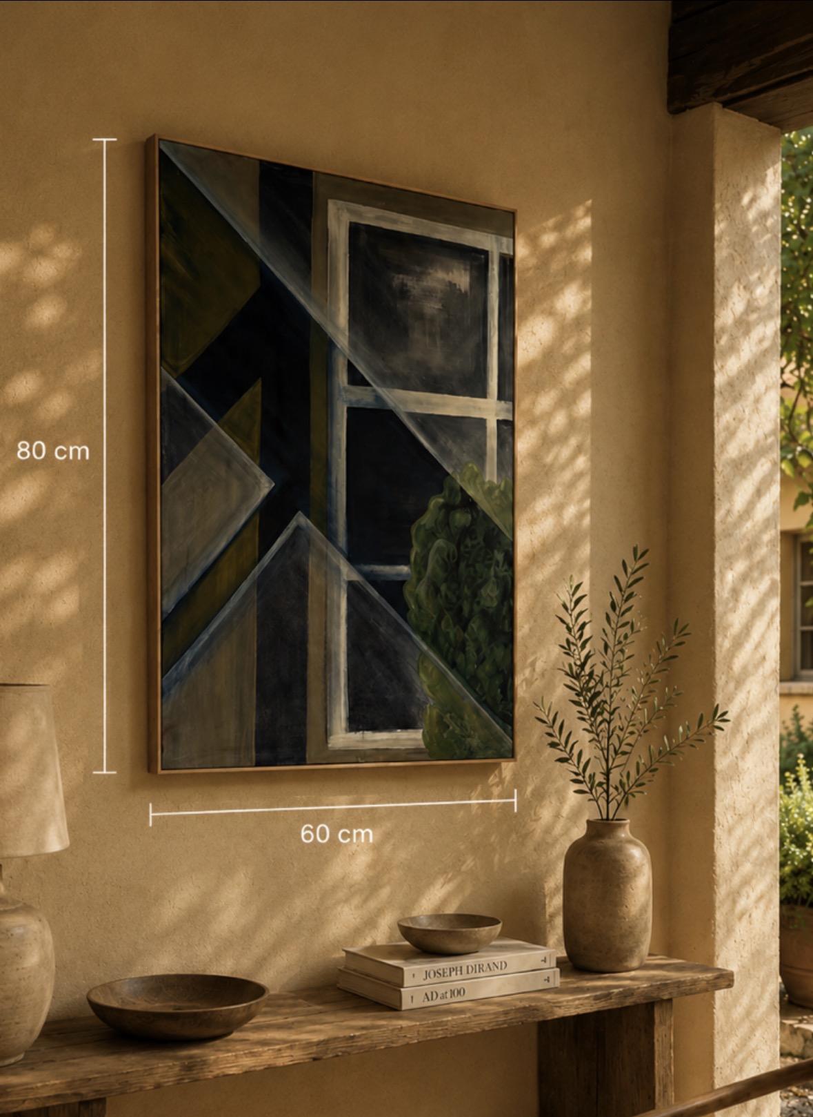 Mørkt abstrakt maleri 60x80 cm i stue